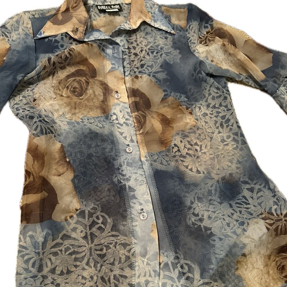 Vintage Sheer Rose Shirt with Bell Split Sleeves Button Up Blouse / Small - - Picture 5 of 5
